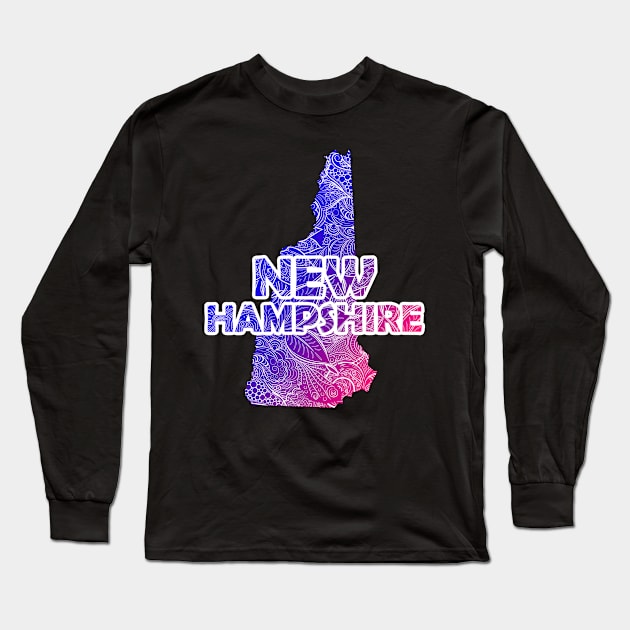 Colorful mandala art map of New Hampshire with text in blue and violet Long Sleeve T-Shirt by Happy Citizen